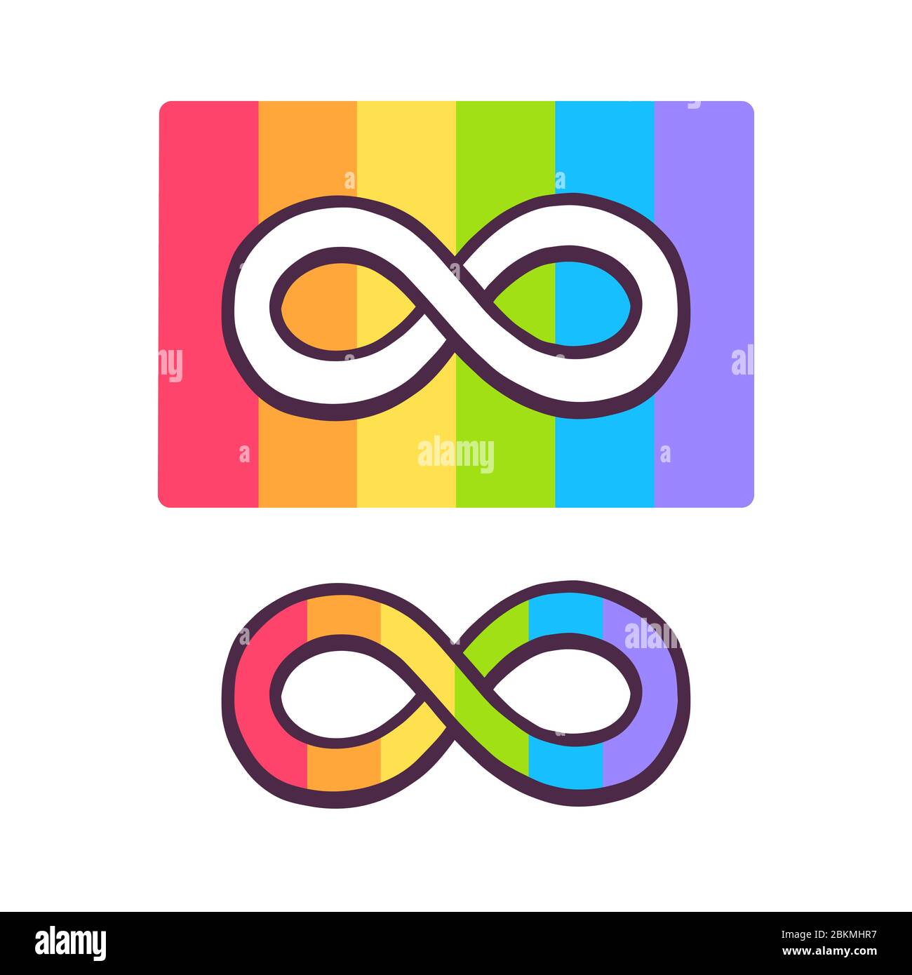 Simbolo di orgoglio autismo, simbolo di infinito cartoon disegnato a mano sulla bandiera arcobaleno. Giorno e mese autistico del orgoglio. Consapevolezza e accettazione della neurodiversità. Illustrazione Vettoriale