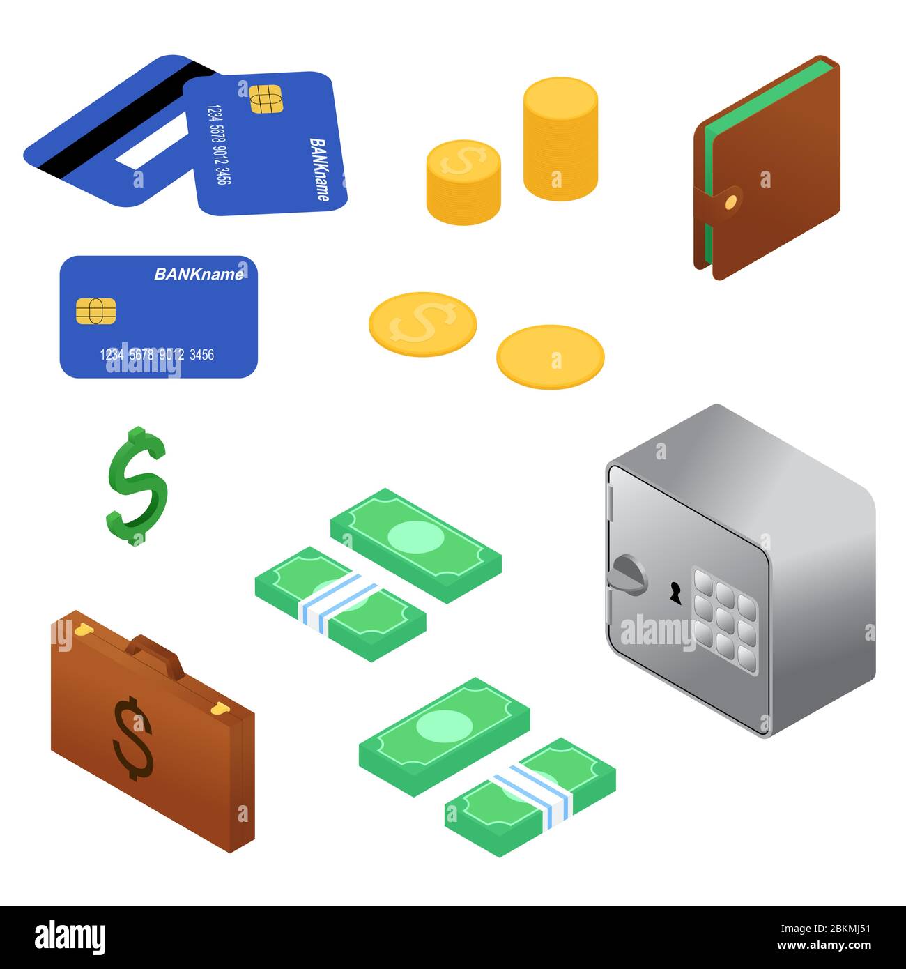 Illustrazione isometrica delle banconote e delle monete Illustrazione Vettoriale