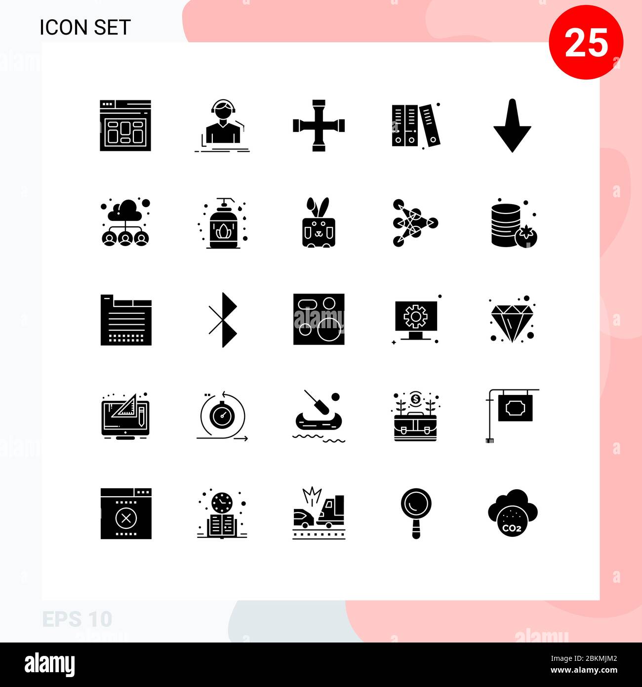 Solid Glyph Pack di 25 simboli universali di Down, storia, musica, file, trasporto elementi di progettazione vettoriale editabili Illustrazione Vettoriale