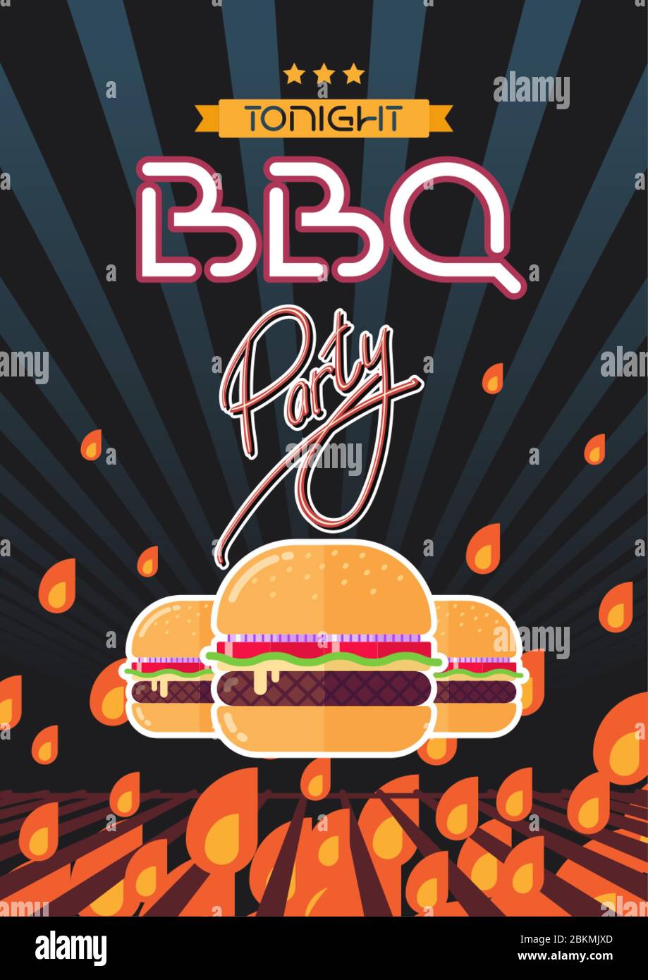 Poster con poster per barbecue vintage con hamburger, fuoco, grill, disegno piatto Illustrazione Vettoriale
