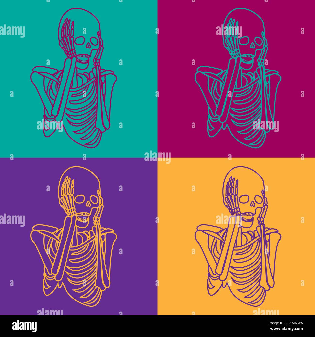 Modello vintage con scheletri colorati che urlano in stile pop art Illustrazione Vettoriale