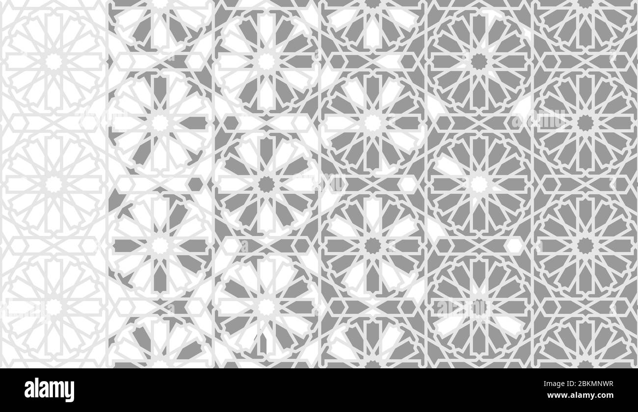 Ramadan sfondo arabo grigio. Affiancamento, mosaico disegno vettoriale senza giunture. Sfondo geometrico a mezzitoni con disintegrazione arabescata grigia Illustrazione Vettoriale