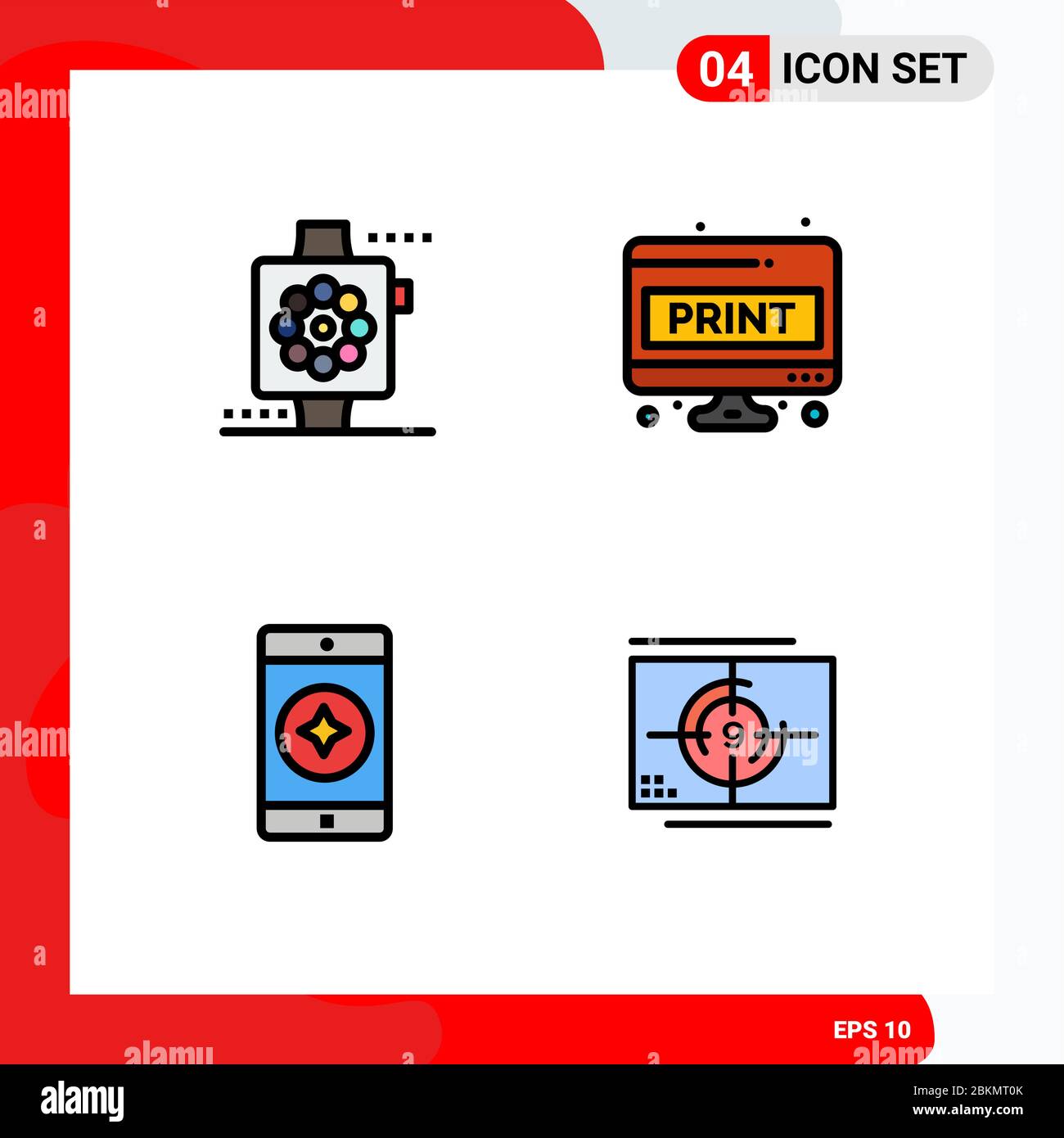 Set di pittogrammi di 4 semplici Filledline Flat Colors di mela, mobile preferito, orologio, carta, applicazione mobile elementi Editable Vector Design Illustrazione Vettoriale