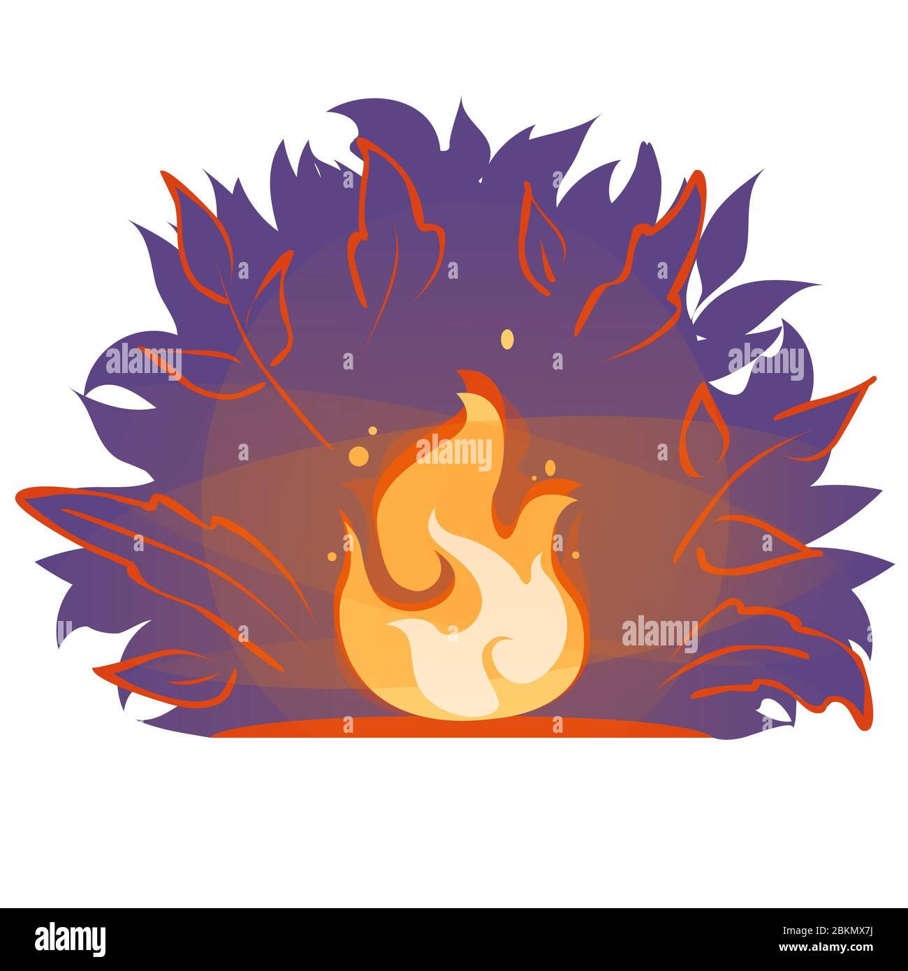 Campfire Vector cartoon piatto illustrazione. Fuoco di fiamma nella foresta di notte. Adesivo banner Bonfire Light isolato su sfondo bianco. Estate camino sera silhouette icona. Simbolo Wildfire. Illustrazione Vettoriale