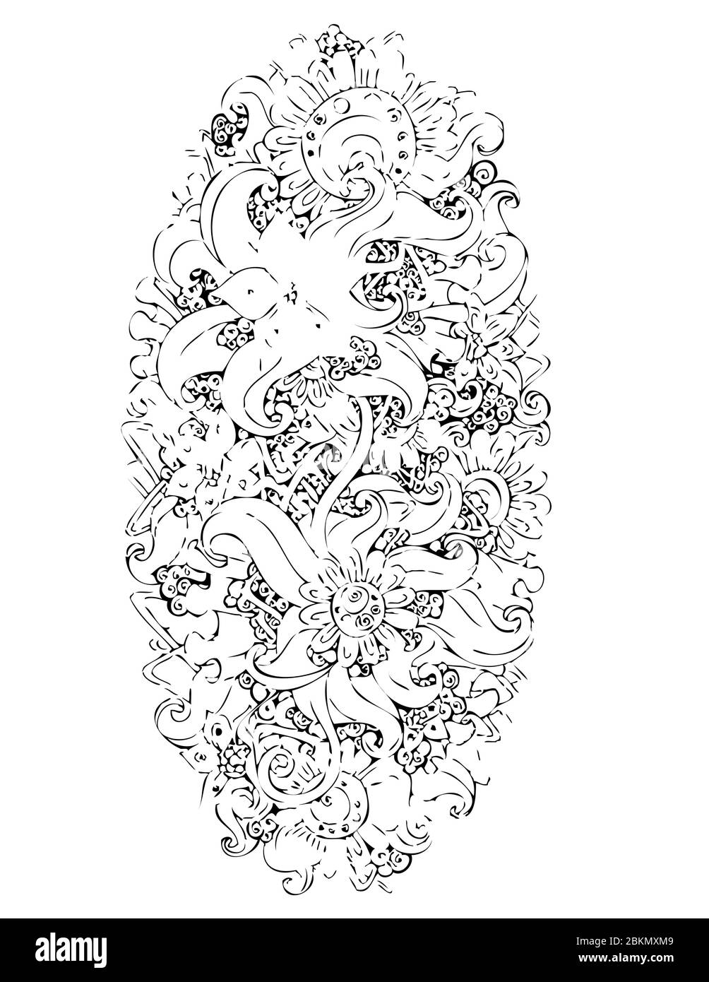 Elementi floreali astratti in composizione ovale su sfondo bianco Illustrazione Vettoriale