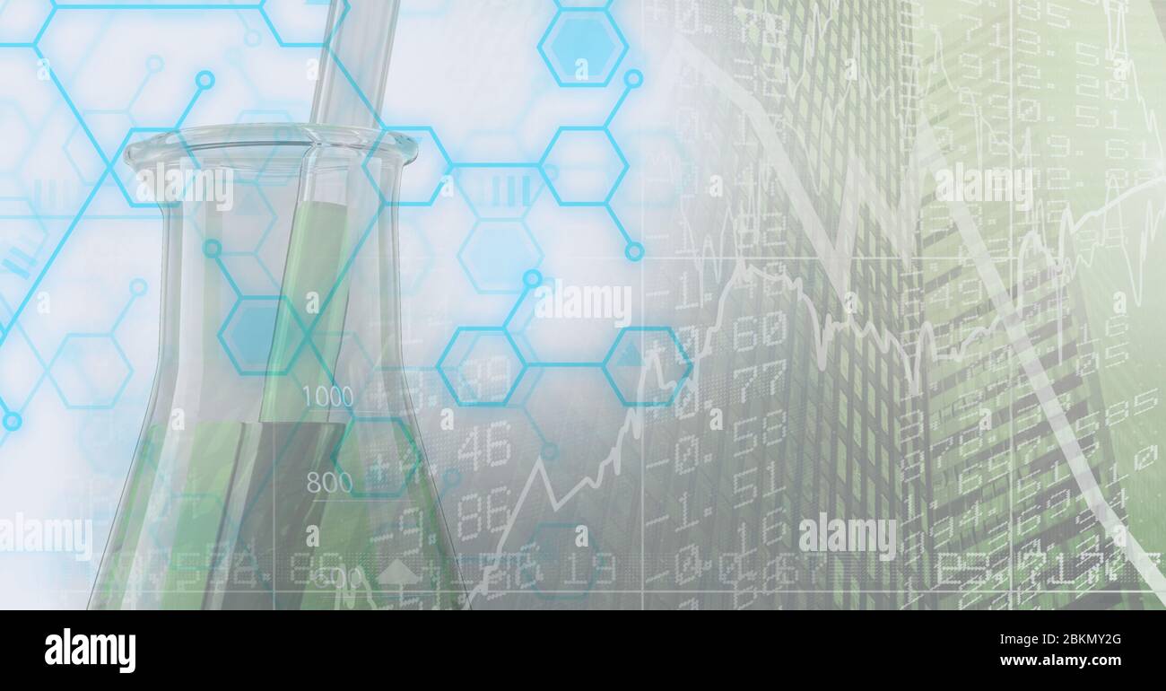 Illustrazione digitale di un elemento chimico su un paesaggio urbano, elaborazione dati e statistiche Foto Stock
