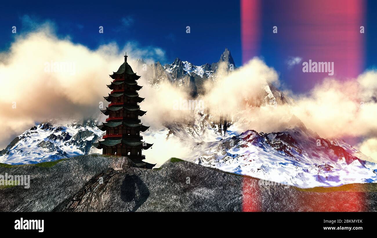 Sun temple - santuario buddista in Himalaya rendering 3D Foto Stock