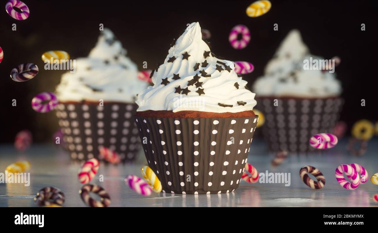 Gustosi cupcake di crema e cioccolato - illustrazione 3d Foto Stock