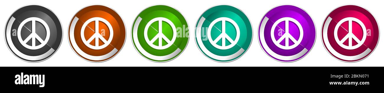 Set di icone Peace, pulsanti web vettoriali cromati metallici in argento con 6 colori per il webdesign Illustrazione Vettoriale