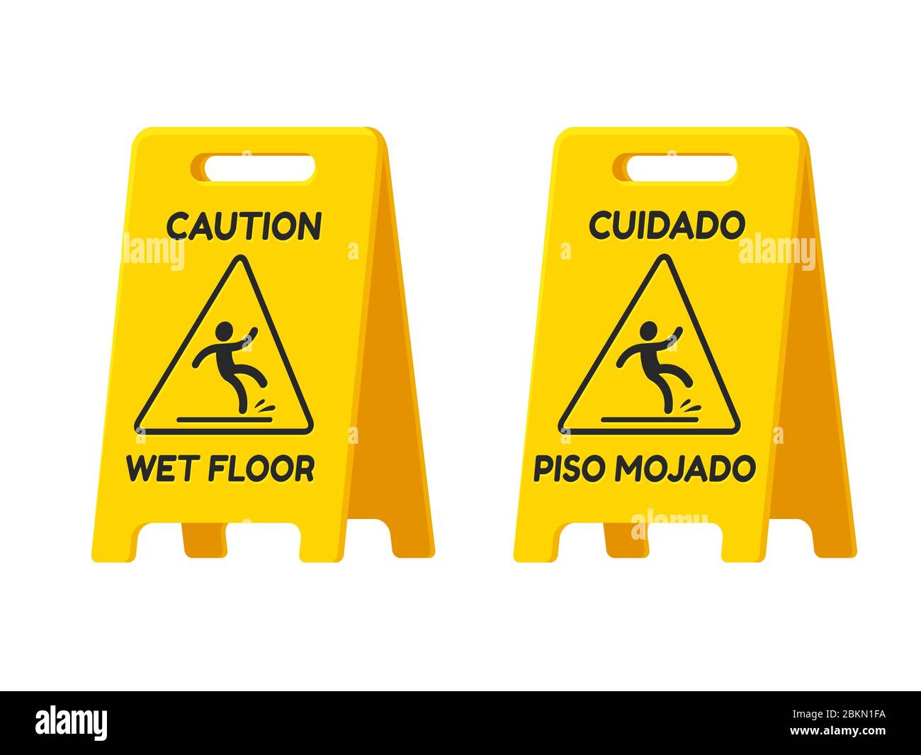 Attenzione pavimento bagnato e Cuidado Piso Mojado avvertimento in inglese e spagnolo. Cartellone giallo tradizionale, attrezzatura per la pulizia. Clip vettoriale isolata ART Illustrazione Vettoriale