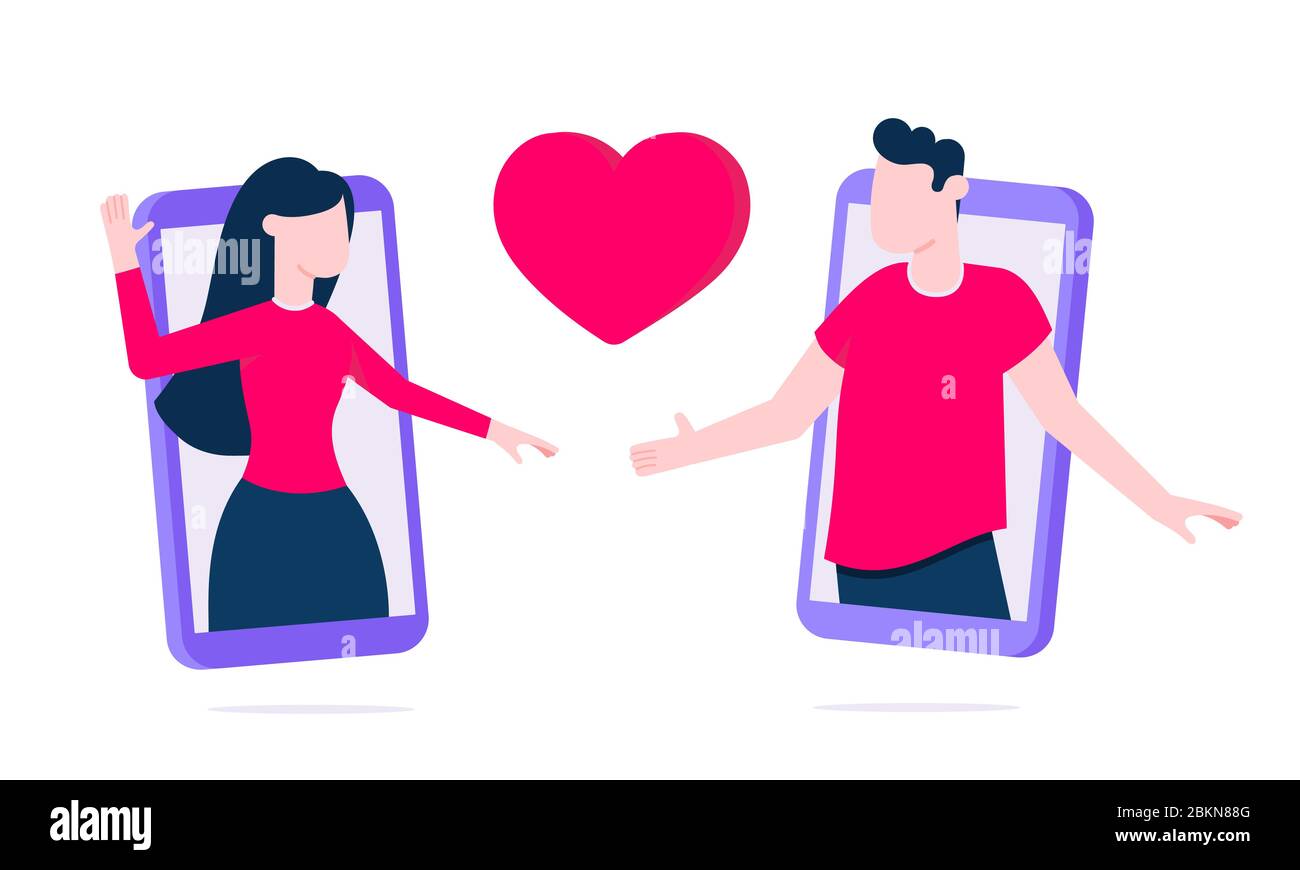 Online dating app concept flat stile disegno vettoriale illustrazione isolato su sfondo bianco. Illustrazione Vettoriale