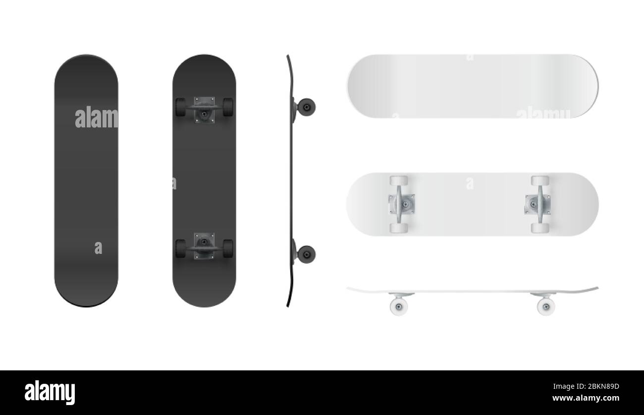 Modello skateboard. Realistico mockup di skateboard in bianco e nero. Illustrazione vettoriale isolata su sfondo bianco Illustrazione Vettoriale
