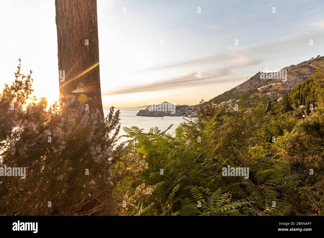 Vista sul mare Adriatico con la città vecchia di Dubrovnik in Dalmazia, Croazia, Europa in una giornata di sole in estate durante il tramonto e il sole. Vacanze de Foto Stock