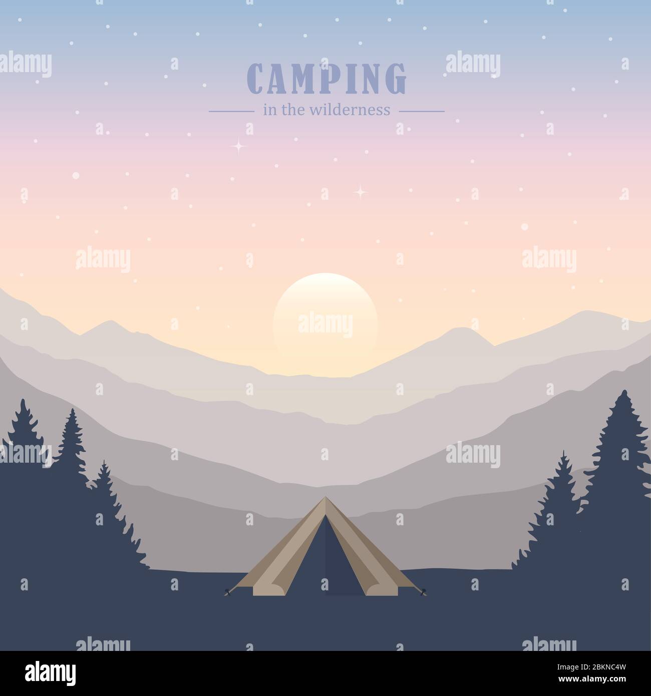 Avventura in campeggio nella tenda selvaggia nella foresta in montagna paesaggio vettore illustrazione EPS10 Illustrazione Vettoriale