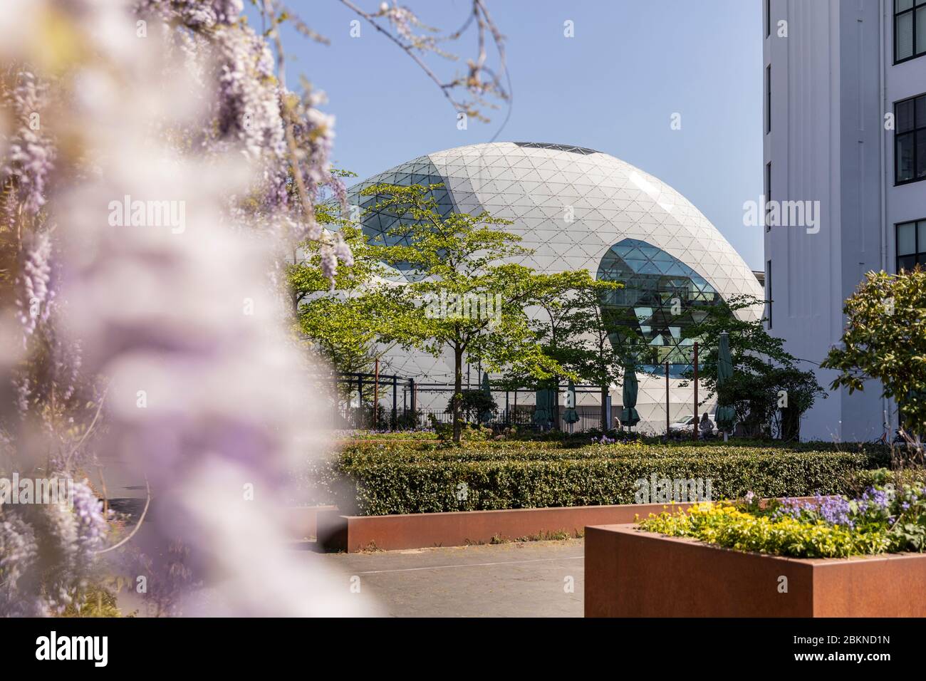 Eindhoven, Paesi Bassi, 21 aprile 2020. Facciata esterna del famoso edificio Blob’ progettato da Massimiliano Fuksas circondato da un verde e Foto Stock