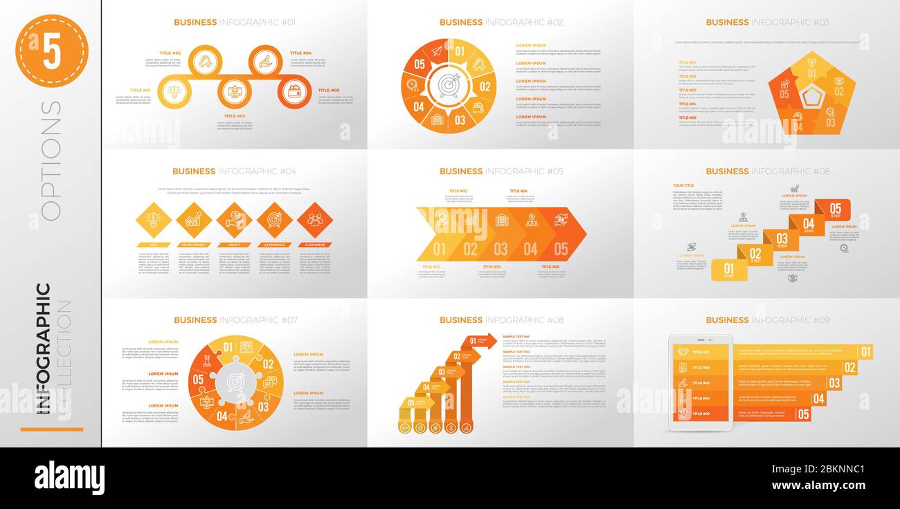 Modello aziendale infografico con 5 opzioni. Versione colore giallo. Illustrazione Vettoriale