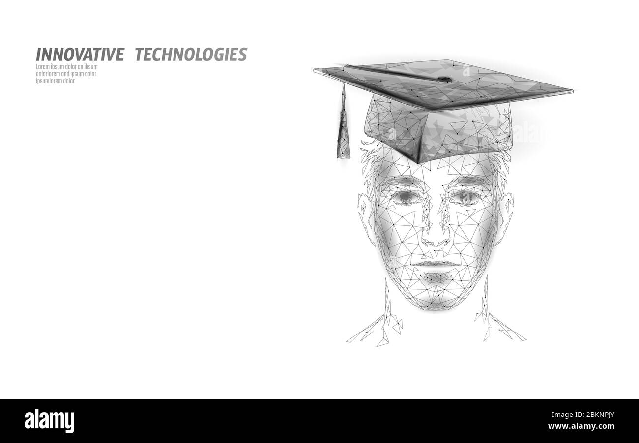 E-learning certificato di laurea di primo livello concetto maschile. Modello banner man classe master per formazione su webinar con rendering 3D a bassa poli. Internet Illustrazione Vettoriale