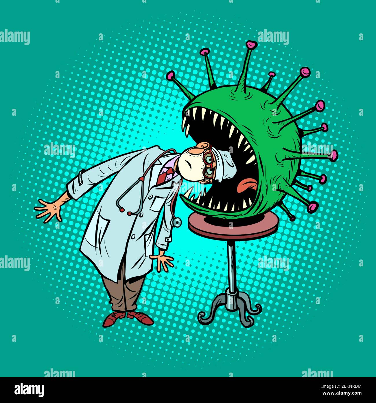 Il medico rischia la sua vita, infezione con il concetto di coronavirus. Pericoloso trucco circo Illustrazione Vettoriale