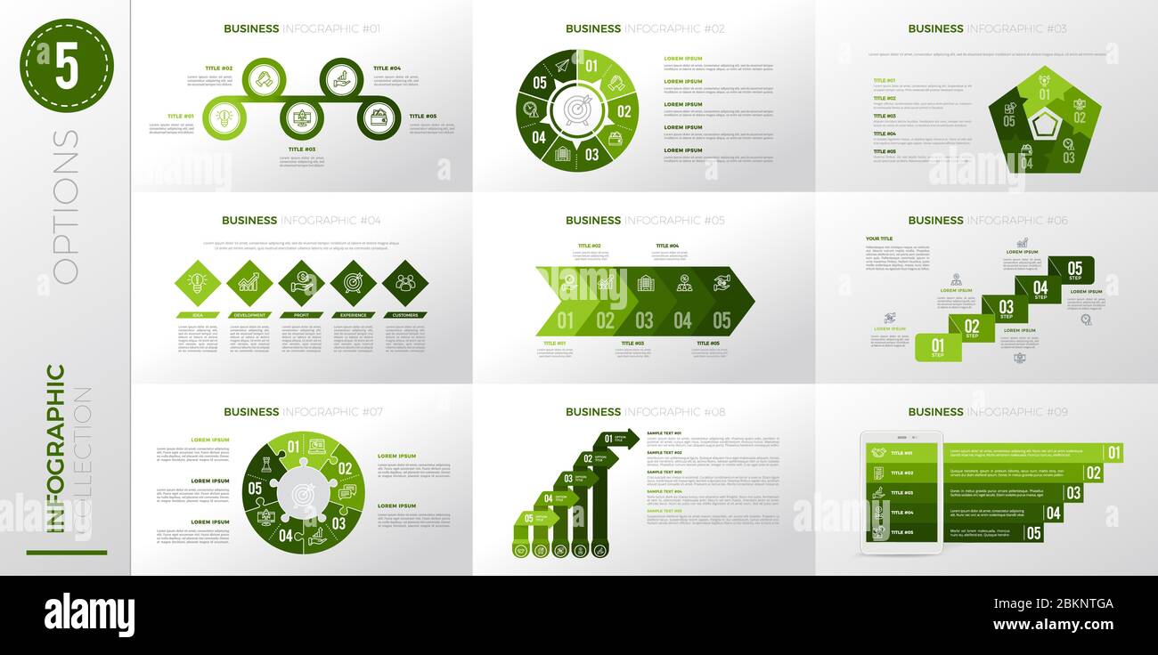 Modello aziendale infografico con 5 opzioni. Versione colore verde. Illustrazione Vettoriale