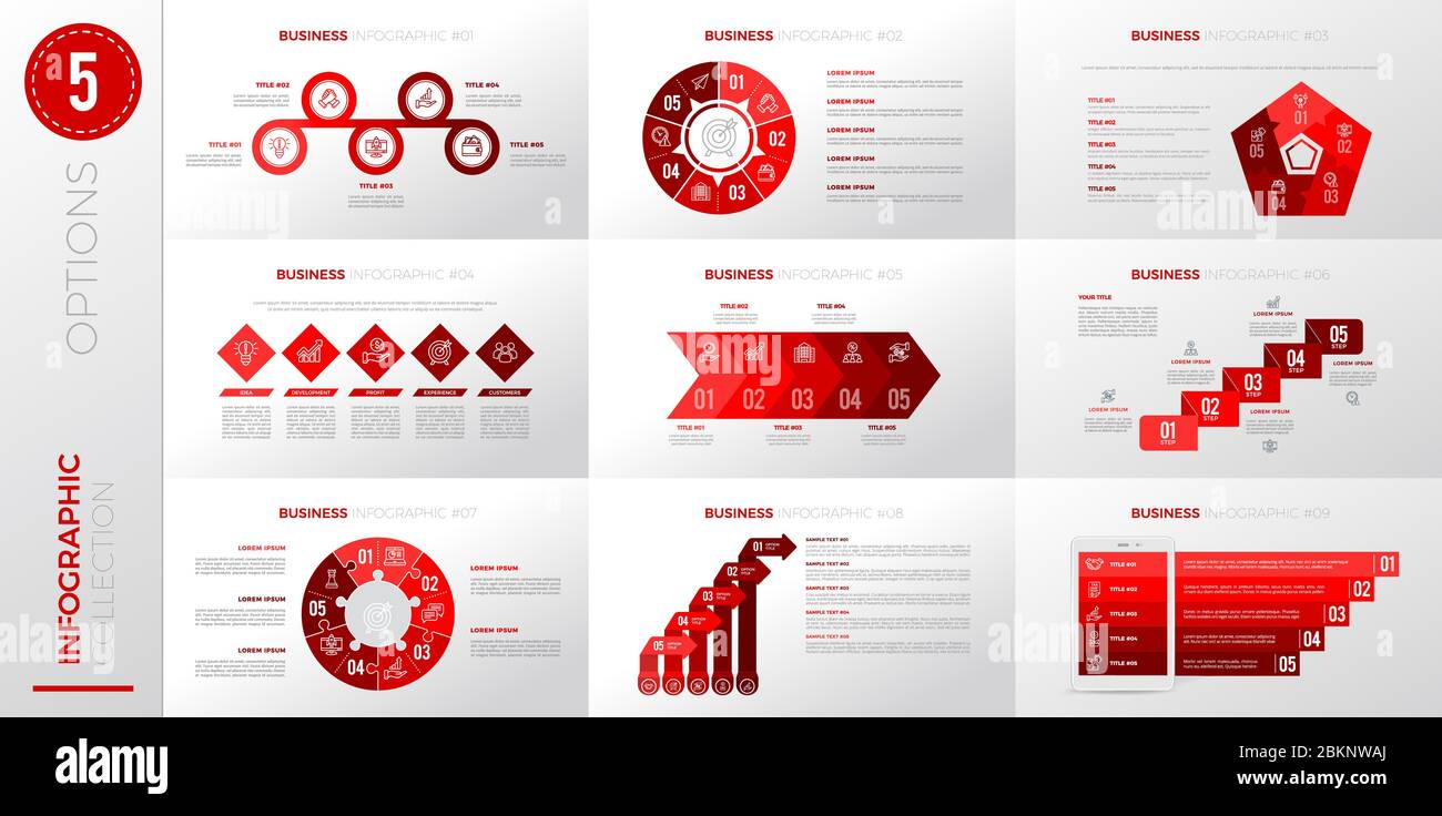 Modello aziendale infografico con 5 opzioni. Versione colore rosso. Illustrazione Vettoriale