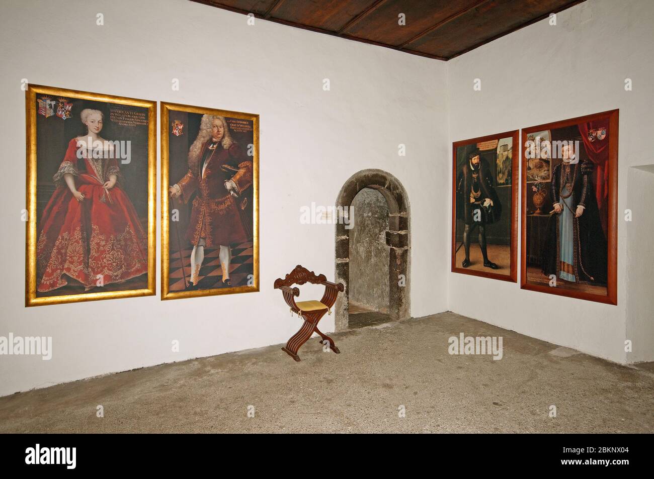 Sala dei Cavalieri con dipinti di antenati della famiglia aristocratica Welsperg a Castello di Monguelfo, Castello di Welsperg, Val Pusteria (Val Pusteria), Tren Foto Stock