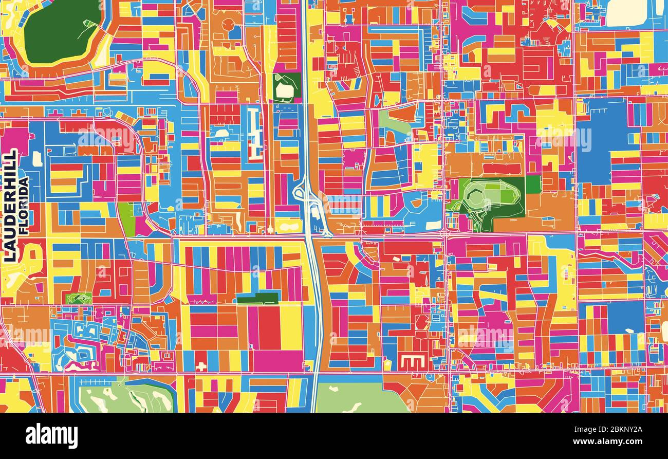 Mappa vettoriale colorata di Lauderhill, Florida, USA. Modello Art Map per autostampare opere d'arte murali in formato orizzontale. Illustrazione Vettoriale