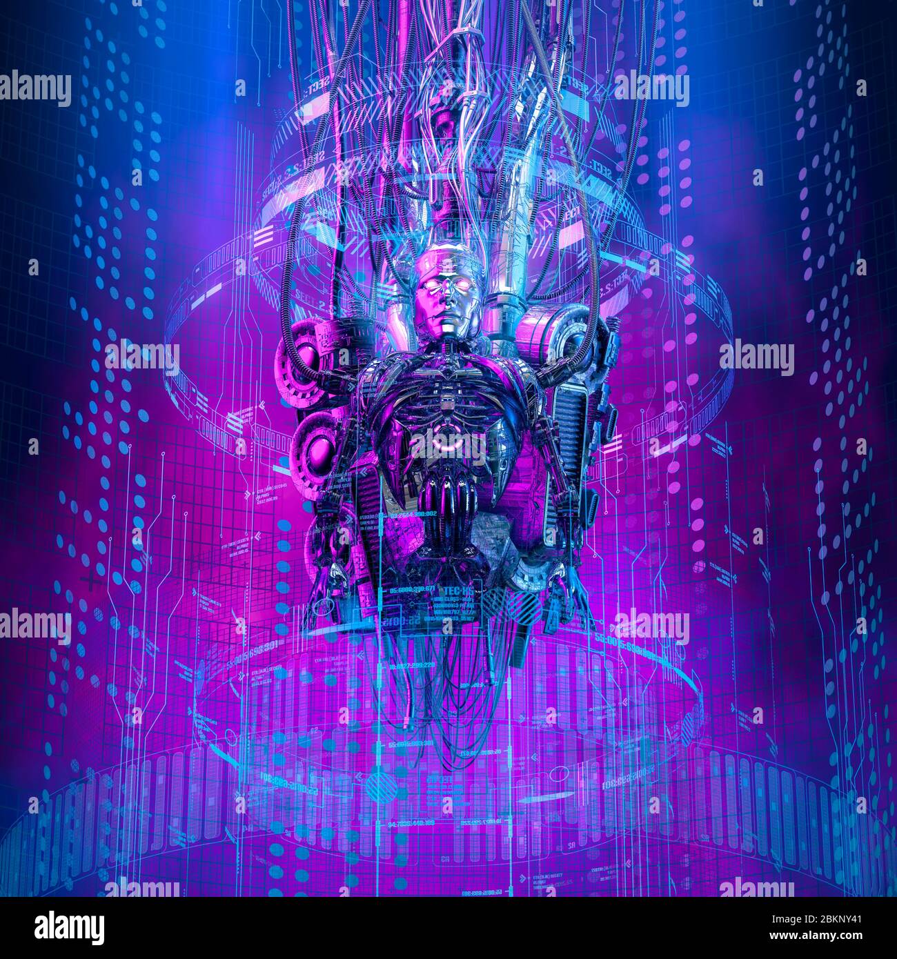 Master del flusso di dati / illustrazione 3D di fantascienza intelligenza artificiale sospesa all'interno del codice del computer Foto Stock