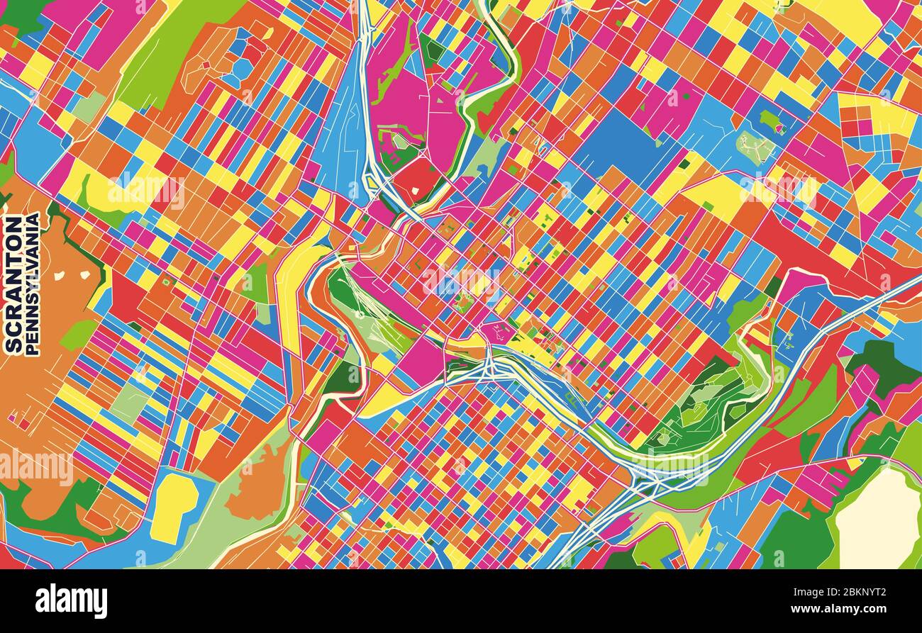 Mappa vettoriale colorata di Scranton, Pennsylvania, USA. Modello Art Map per autostampare opere d'arte murali in formato orizzontale. Illustrazione Vettoriale