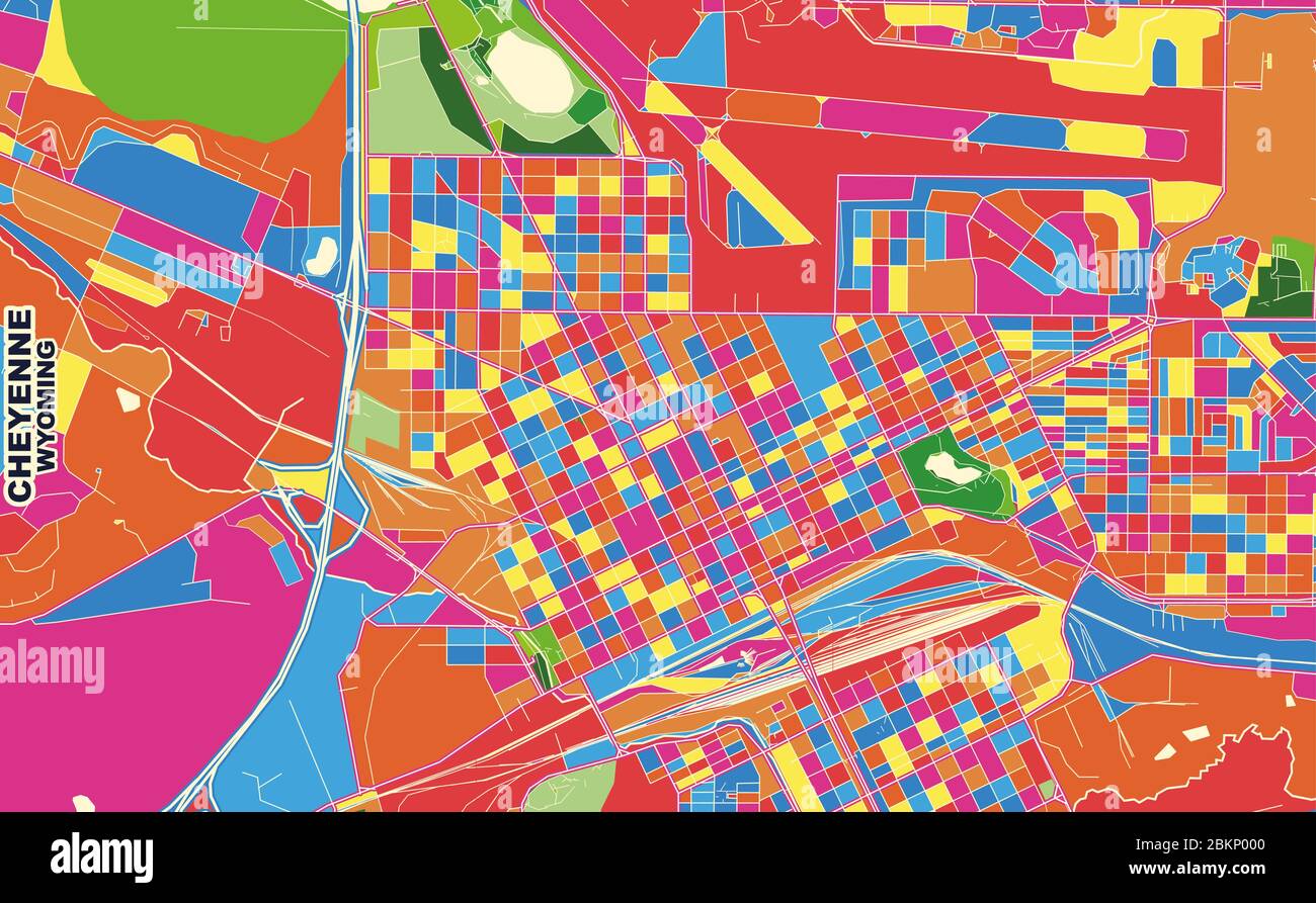 Mappa vettoriale colorata di Cheyenne, Wyoming, USA. Modello Art Map per autostampare opere d'arte murali in formato orizzontale. Illustrazione Vettoriale