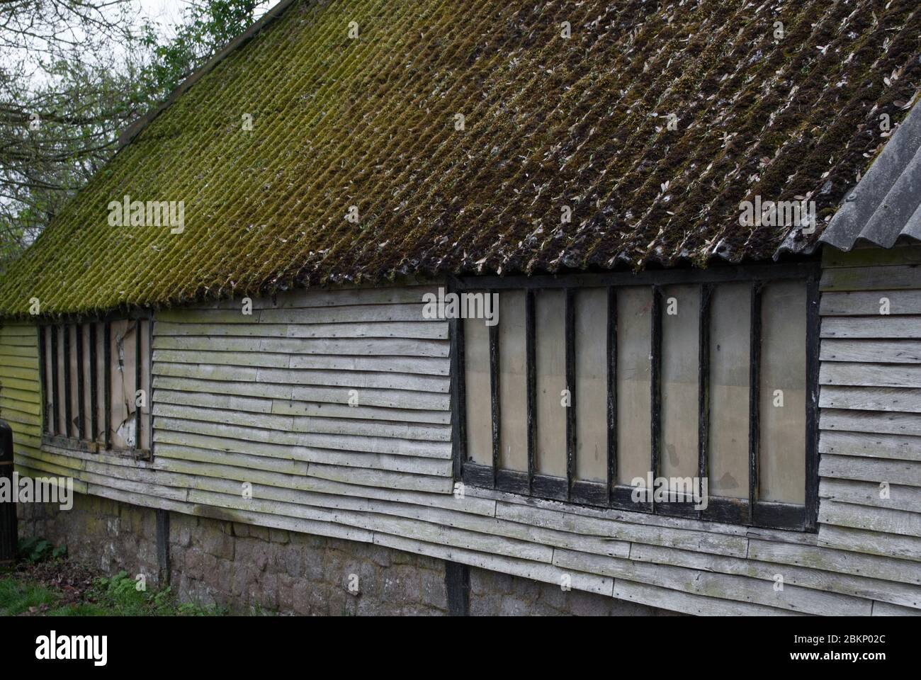 Tetto in metallo ondulato con Moss rivestimento in legno intemperato finestra in Agriturismo Rurale in Avebury, Marlborough, Wiltshire Foto Stock