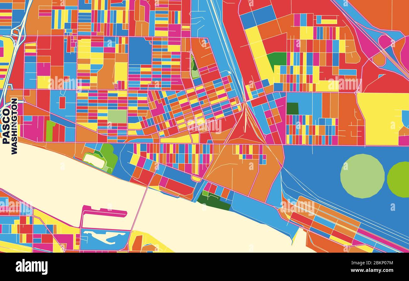 Mappa vettoriale colorata di Pasco, Washington, USA. Modello Art Map per autostampare opere d'arte murali in formato orizzontale. Illustrazione Vettoriale