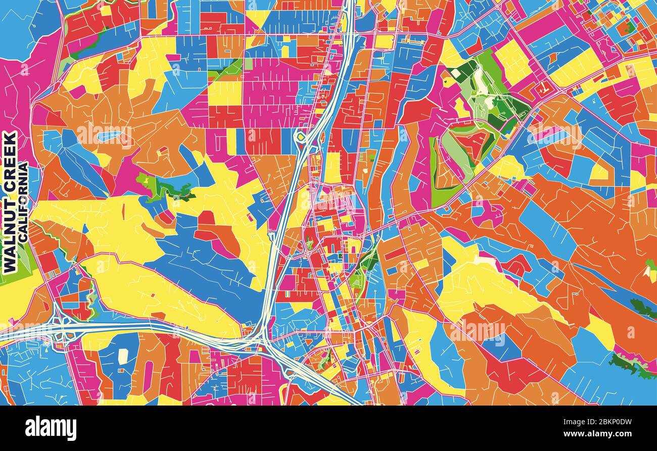 Mappa vettoriale colorata di Walnut Creek, California, Stati Uniti. Modello Art Map per autostampare opere d'arte murali in formato orizzontale. Illustrazione Vettoriale