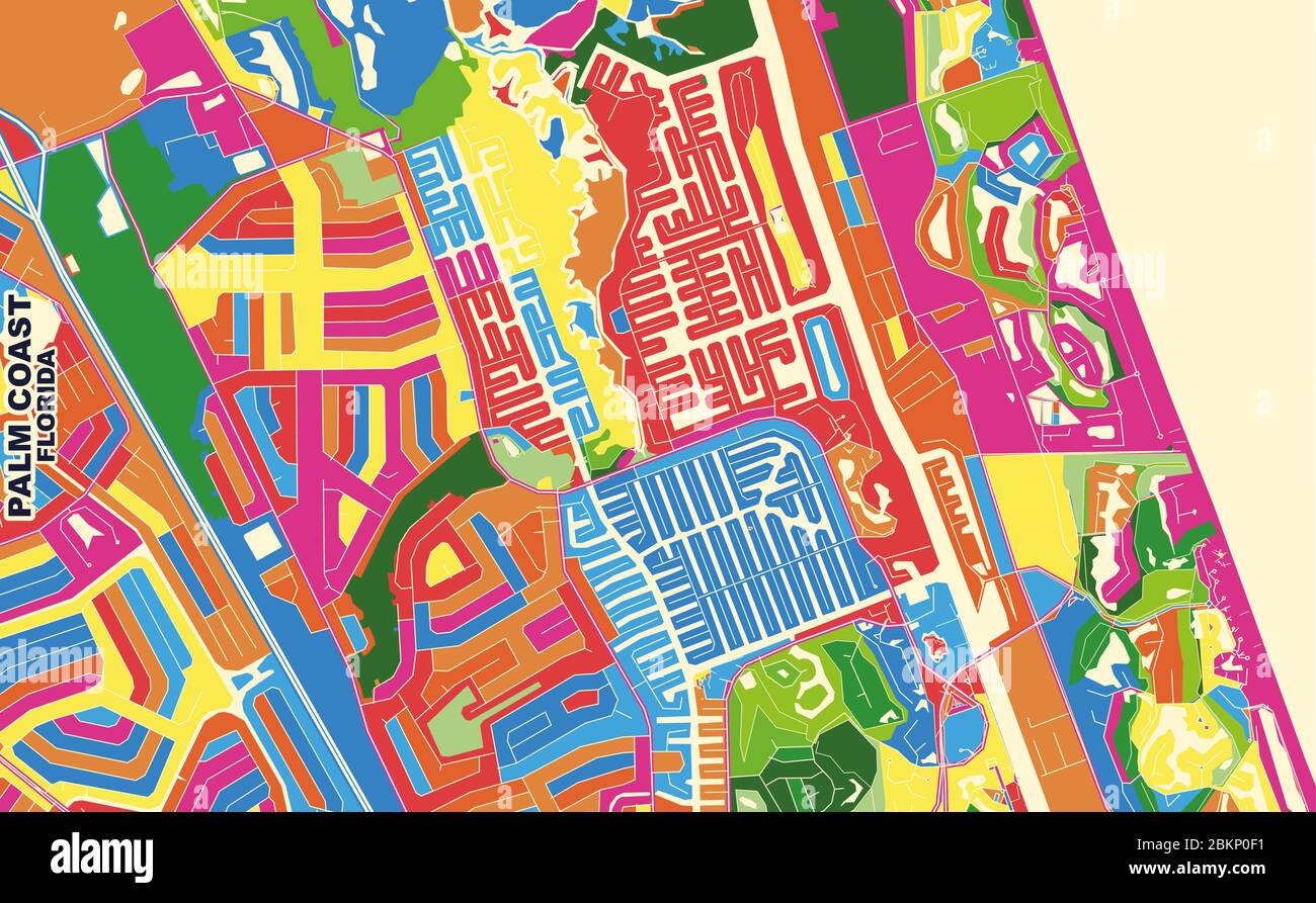 Mappa vettoriale colorata di Palm Coast, Florida, USA. Modello Art Map per autostampare opere d'arte murali in formato orizzontale. Illustrazione Vettoriale