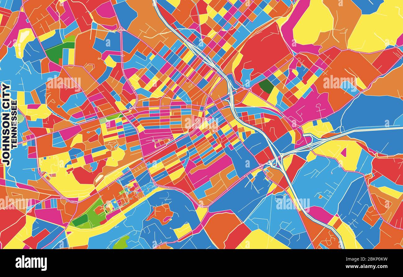 Mappa vettoriale colorata di Johnson City, Tennessee, USA. Modello Art Map per autostampare opere d'arte murali in formato orizzontale. Illustrazione Vettoriale