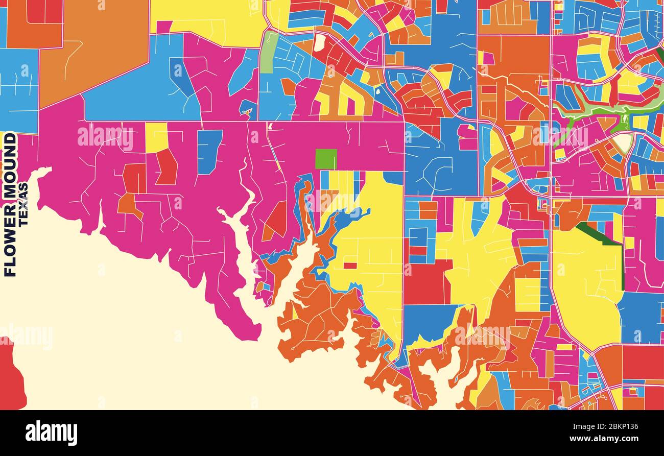 Mappa vettoriale colorata di Flower Mound, Texas, USA. Modello Art Map per autostampare opere d'arte murali in formato orizzontale. Illustrazione Vettoriale