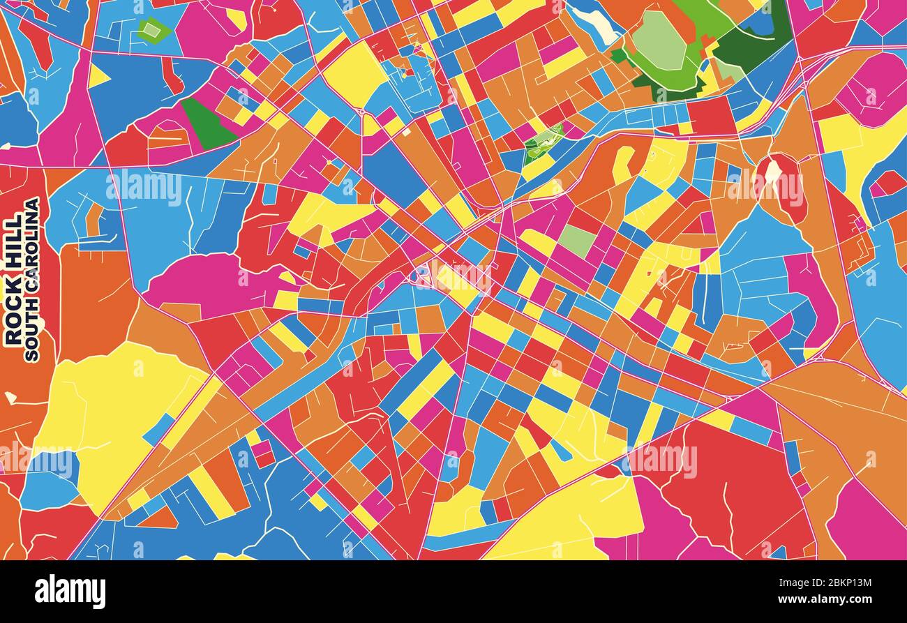 Mappa vettoriale colorata di Rock Hill, Carolina del Sud, Stati Uniti. Modello Art Map per autostampare opere d'arte murali in formato orizzontale. Illustrazione Vettoriale