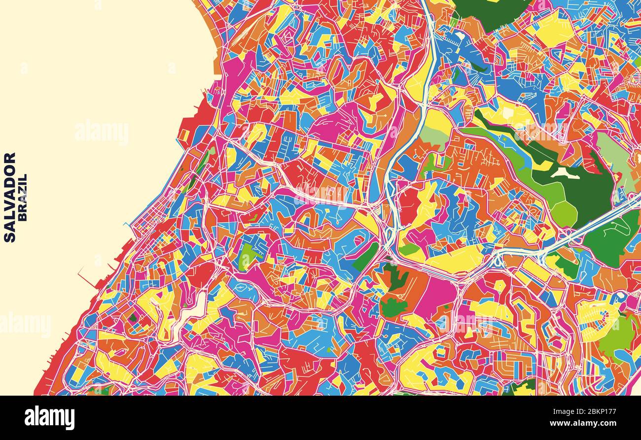 Mappa vettoriale colorata di Salvador, Brasile. Modello Art Map per autostampare opere d'arte murali in formato orizzontale. Illustrazione Vettoriale