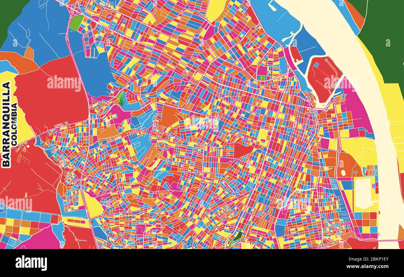 Mappa vettoriale colorata di Barranquilla, Colombia. Modello Art Map per autostampare opere d'arte murali in formato orizzontale. Illustrazione Vettoriale