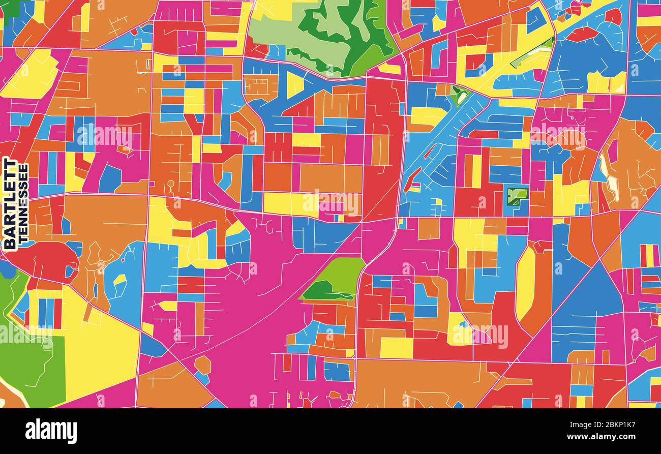 Mappa vettoriale colorata di Bartlett, Tennessee, USA. Modello Art Map per autostampare opere d'arte murali in formato orizzontale. Illustrazione Vettoriale