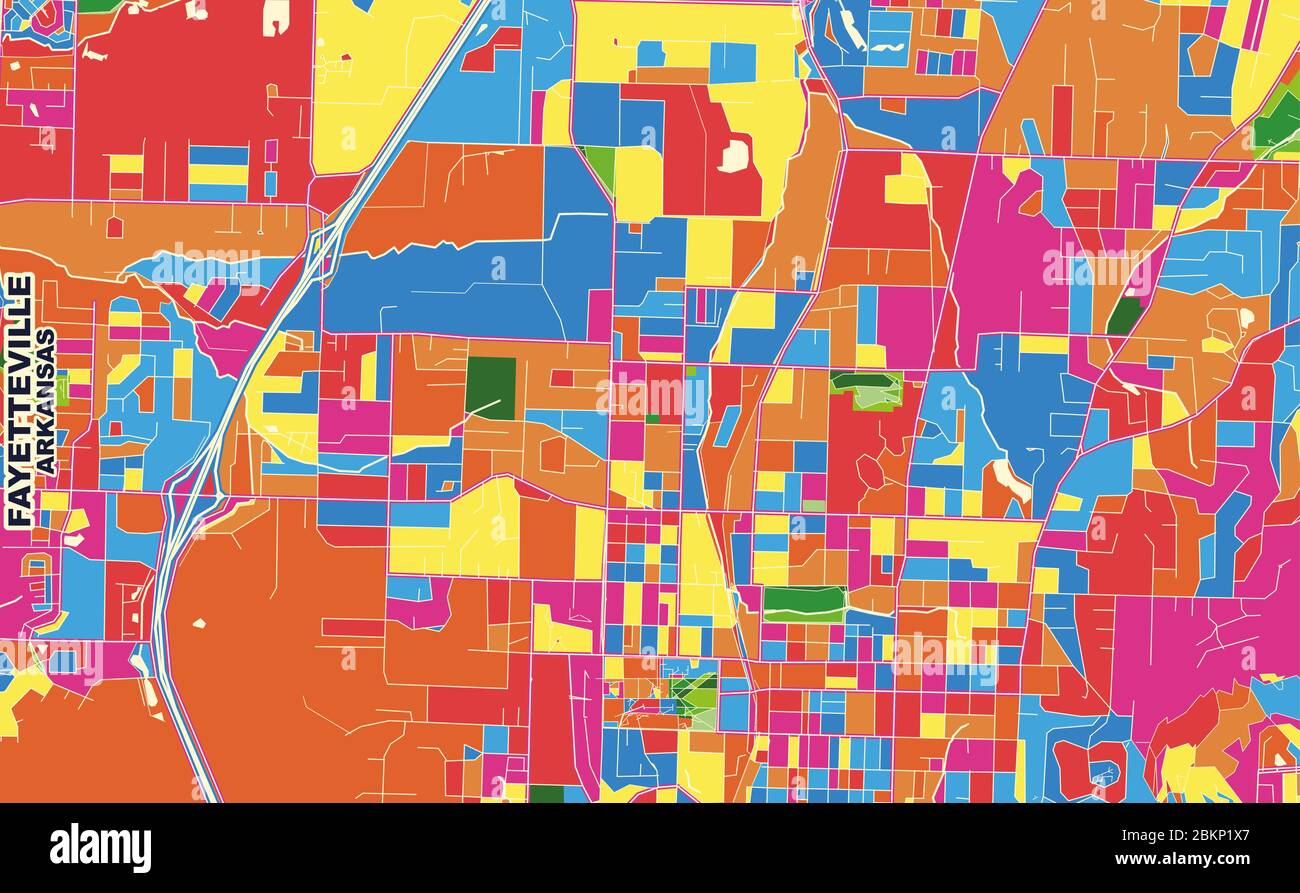 Mappa vettoriale colorata di Fayetteville, Arkansas, USA. Modello Art Map per autostampare opere d'arte murali in formato orizzontale. Illustrazione Vettoriale