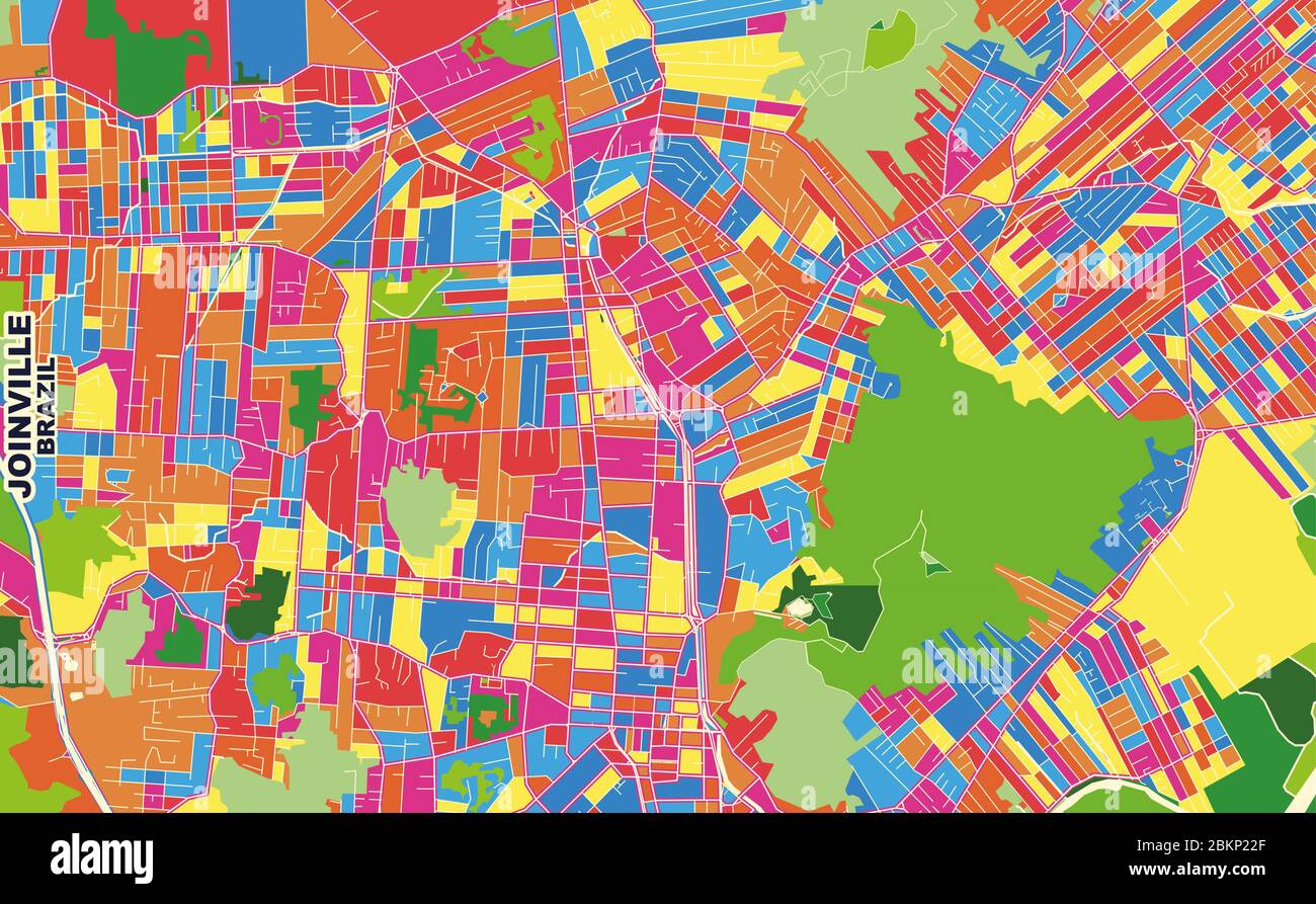 Mappa vettoriale colorata di Joinville, Brasile. Modello Art Map per autostampare opere d'arte murali in formato orizzontale. Illustrazione Vettoriale