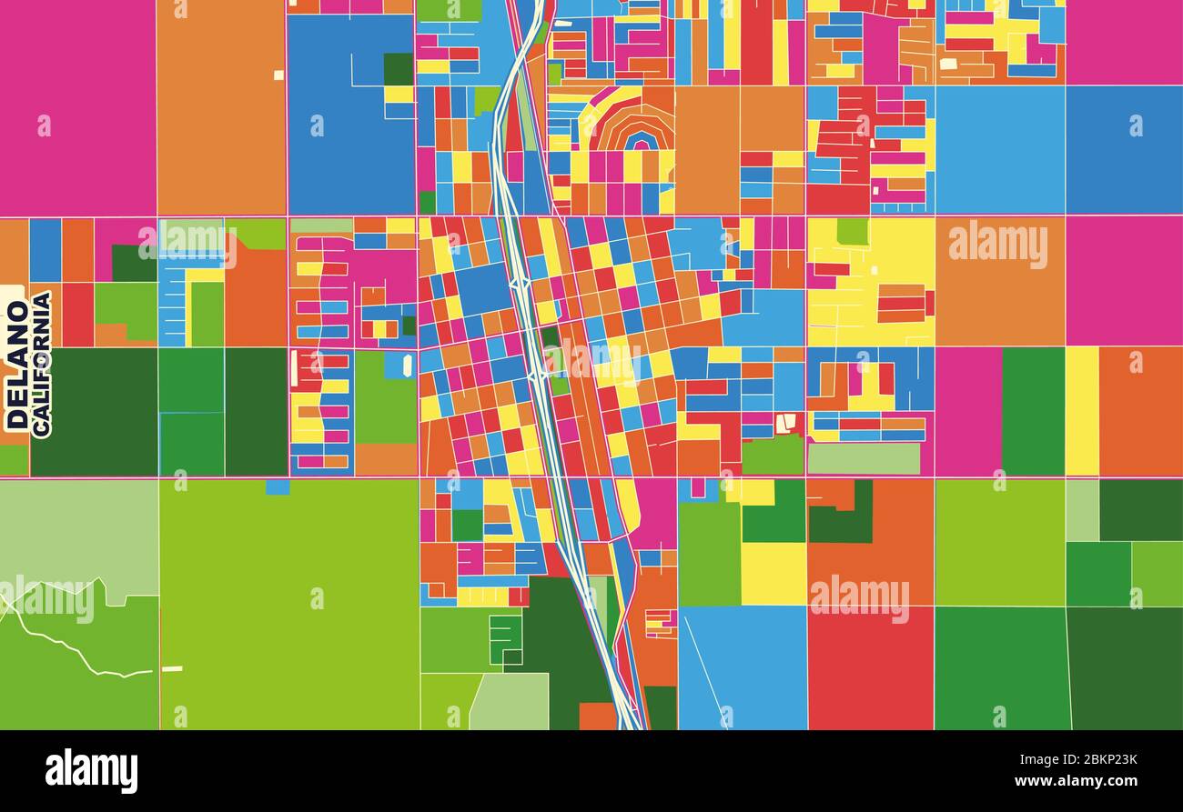 Mappa vettoriale colorata di Delano, California, Stati Uniti d'America. Modello Art Map per autostampare opere d'arte murali in formato orizzontale. Illustrazione Vettoriale