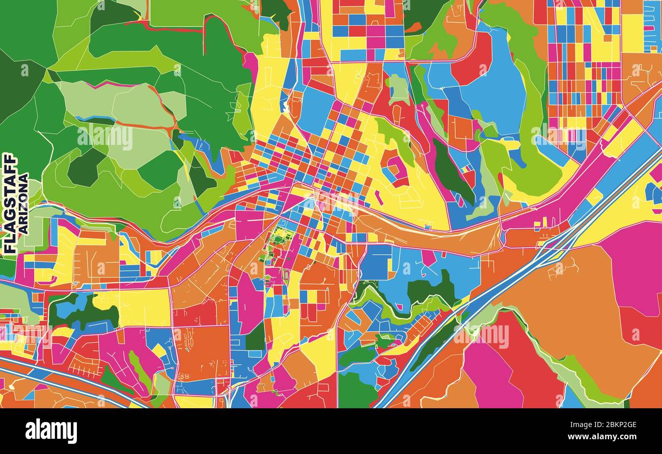 Mappa vettoriale colorata di Flagstaff, Arizona, USA. Modello Art Map per autostampare opere d'arte murali in formato orizzontale. Illustrazione Vettoriale