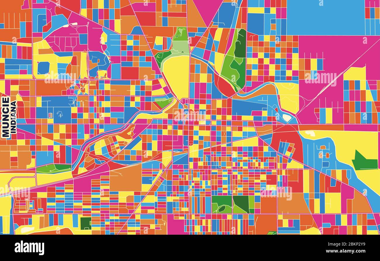 Mappa vettoriale colorata di Muncie, Indiana, USA. Modello Art Map per autostampare opere d'arte murali in formato orizzontale. Illustrazione Vettoriale
