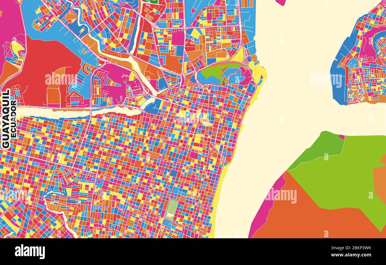 Mappa vettoriale colorata di Guayaquil, Ecuador. Modello Art Map per autostampare opere d'arte murali in formato orizzontale. Illustrazione Vettoriale