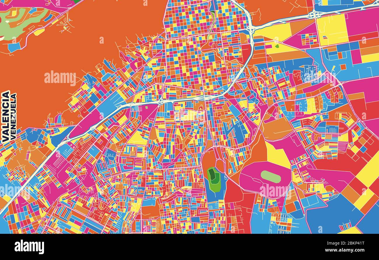 Mappa vettoriale colorata di Valencia, Venezuela. Modello Art Map per autostampare opere d'arte murali in formato orizzontale. Illustrazione Vettoriale