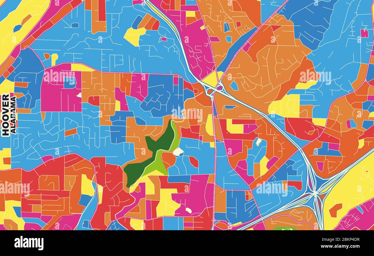 Mappa vettoriale colorata di Hoover, Alabama, USA. Modello Art Map per autostampare opere d'arte murali in formato orizzontale. Illustrazione Vettoriale