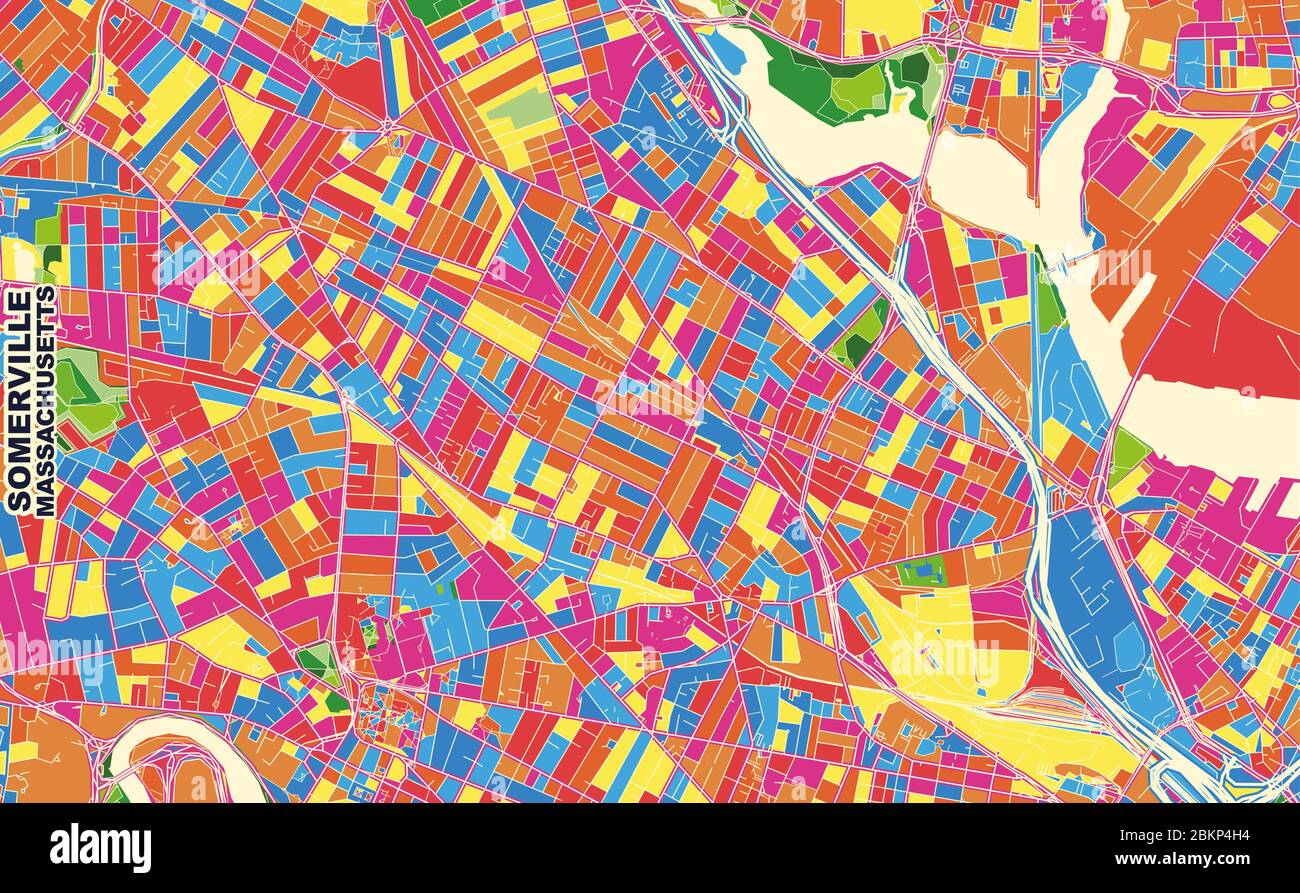 Mappa vettoriale colorata di Somerville, Massachusetts, USA. Modello Art Map per autostampare opere d'arte murali in formato orizzontale. Illustrazione Vettoriale Mappa vettoriale colorata di Somerville, Massachusetts, USA. Modello Art Map per autostampare opere d'arte murali in formato orizzontale. Illustrazione Vettoriale