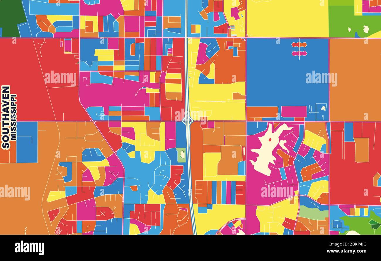 Mappa vettoriale colorata di Southaven, Mississippi, Stati Uniti d'America. Modello Art Map per autostampare opere d'arte murali in formato orizzontale. Illustrazione Vettoriale