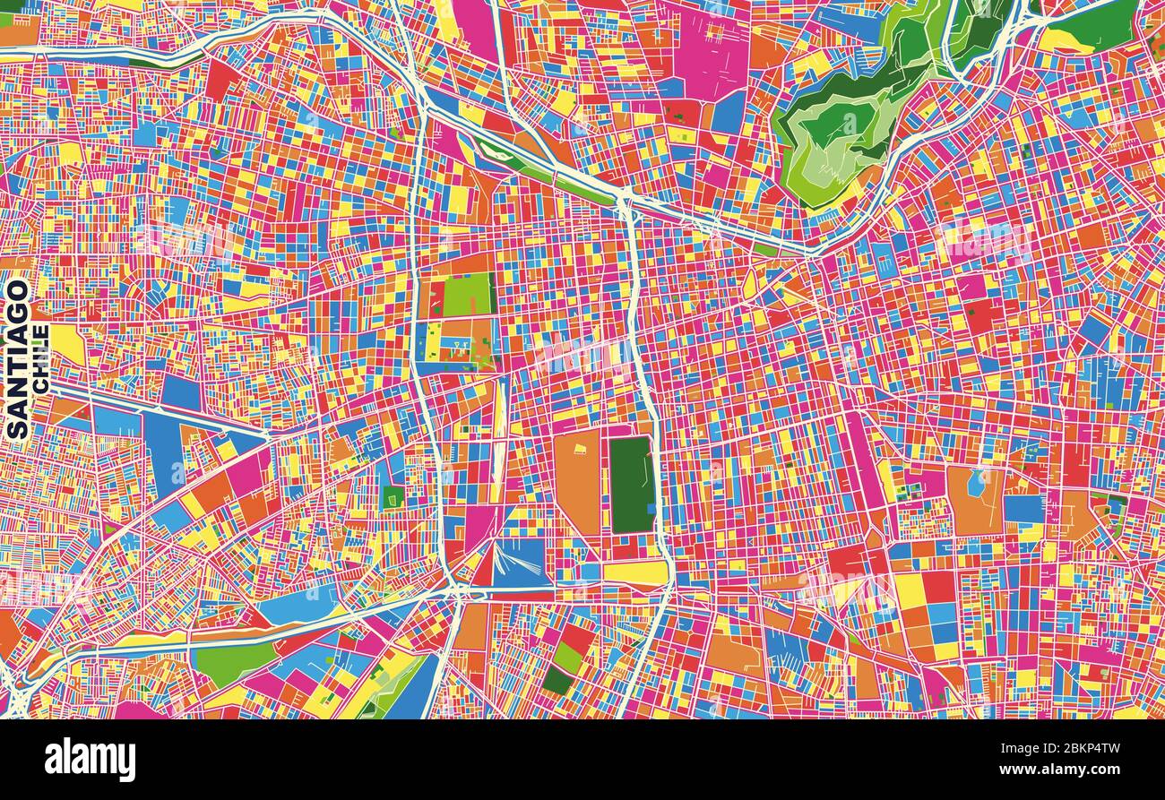 Mappa vettoriale colorata di Santiago, Cile. Modello Art Map per autostampare opere d'arte murali in formato orizzontale. Illustrazione Vettoriale